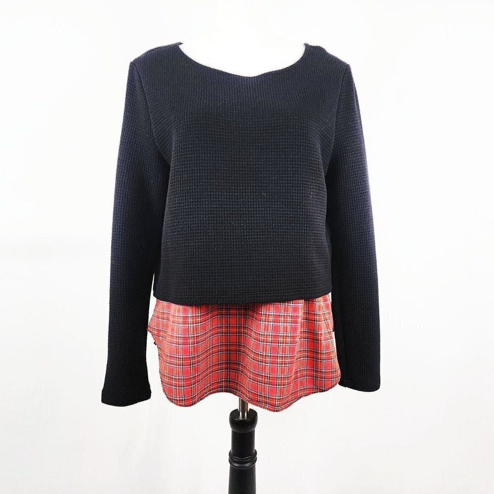 Generation Love Large Black Waffle Red Plaid Layered Shirt Grunge Y2K